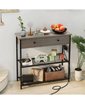 Narrow Console Table with 2 Drawers and 2 Metal Mesh Shelves