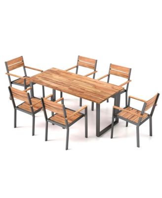 7 PCS Acacia Wood Patio Dining Set 6 Armchairs and 69" Table with 2" Umbrella Hole