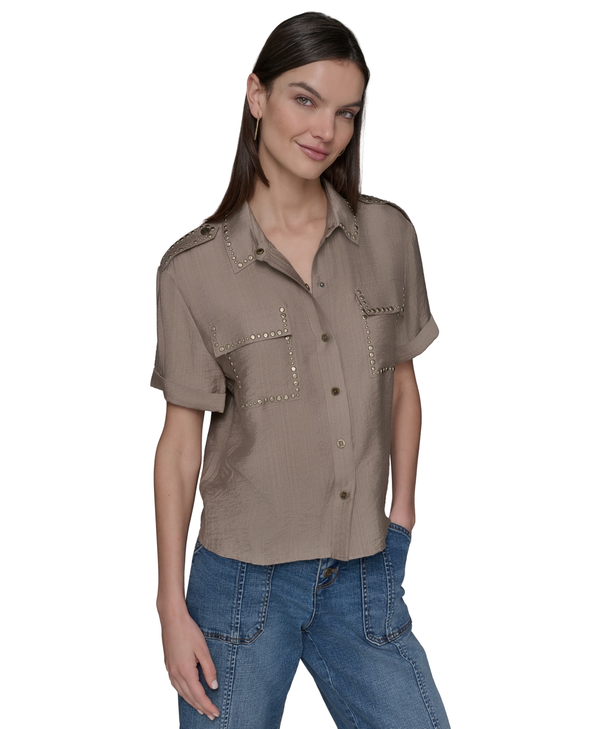 Karl Lagerfeld Petite Textured Studded Blouse
