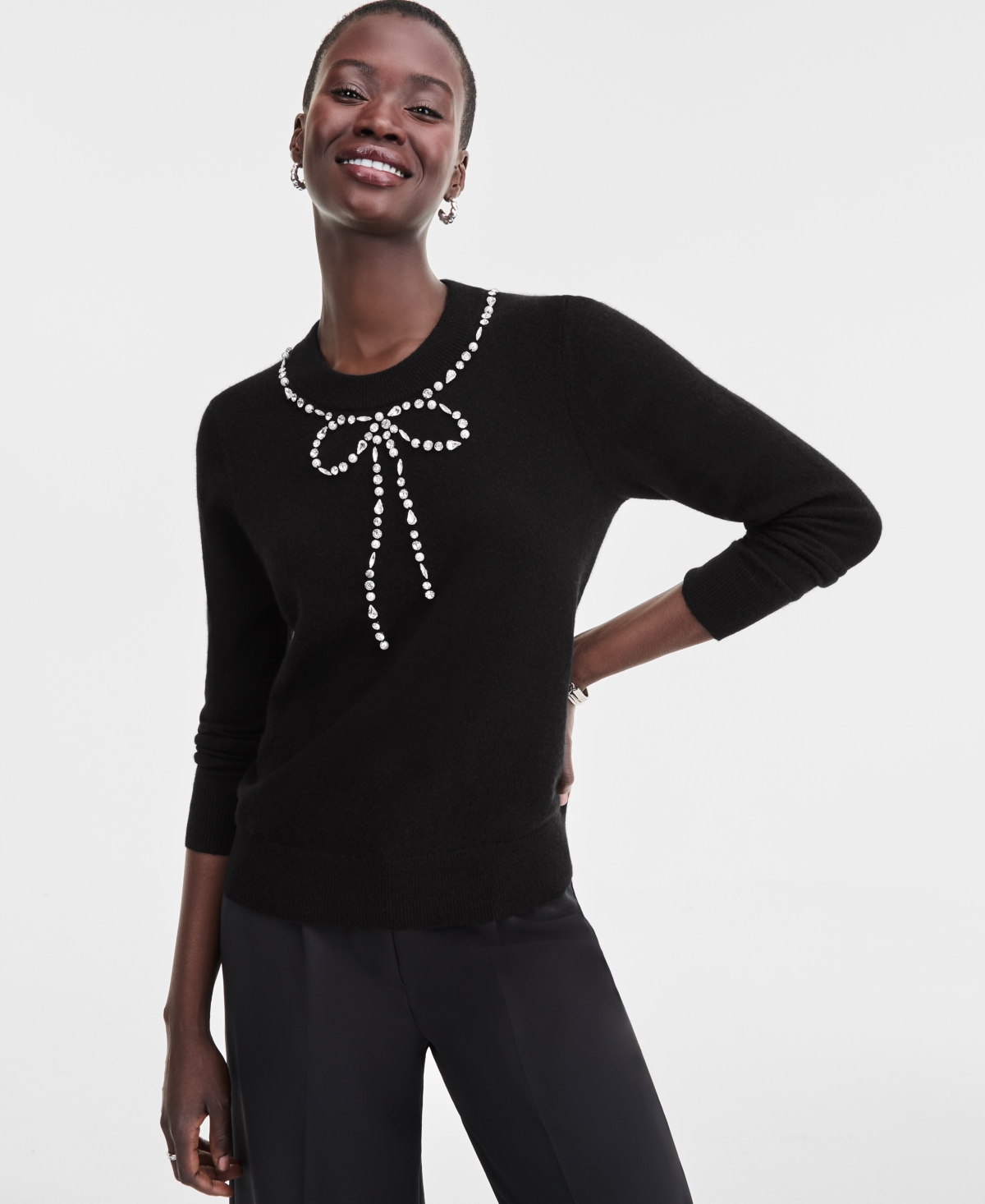 Charter Club Women's 100% Cashmere Embellished Bow Sweater, Macy's Exclusive In Black