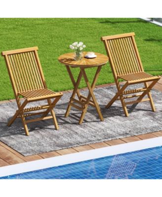 Patio Folding Side Table Teak Wood Round End Table with Slatted Tabletop and X-Shaped Frame