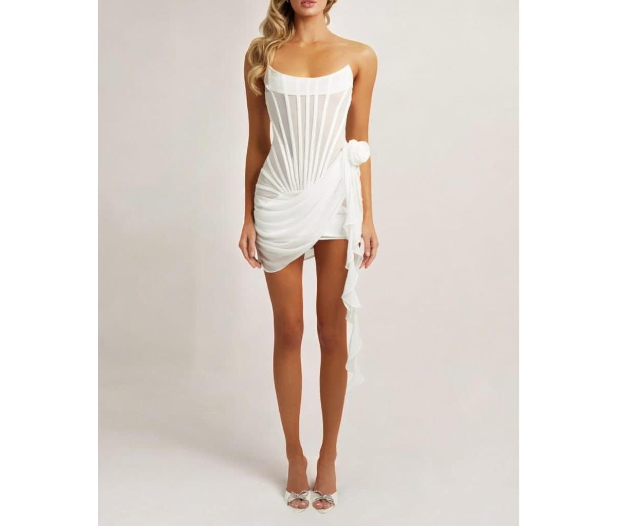 Women's Chiffon Mesh Corset Flower Drape Mini Dress - Black