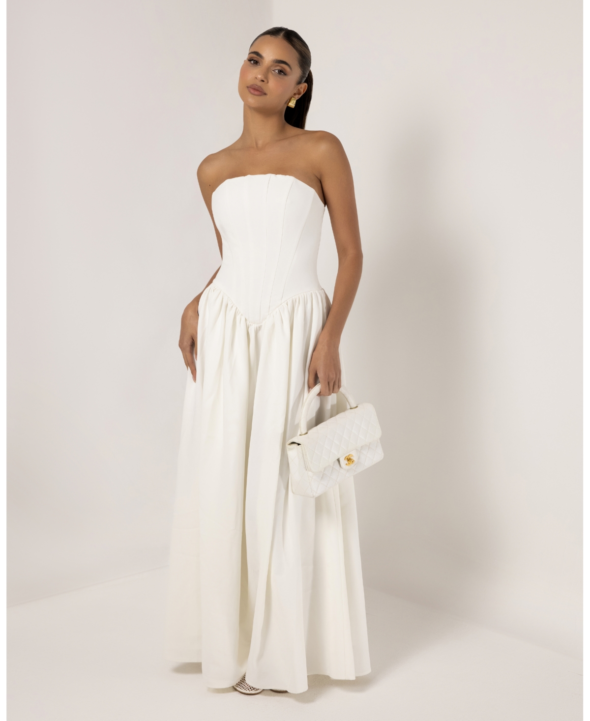 Women's Strapless Corset Crepe Flare Maxi Dress - White