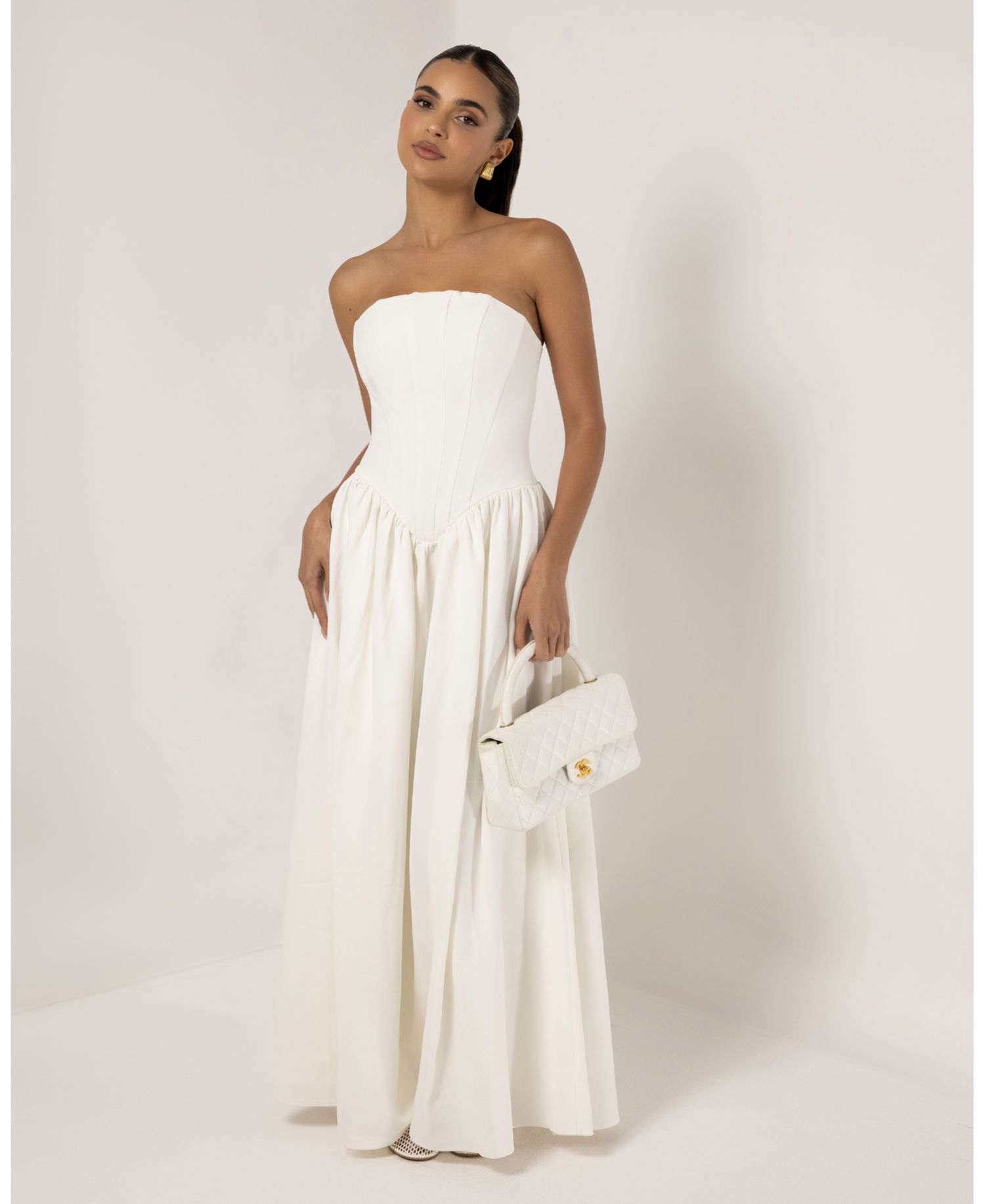 Women's Strapless Corset Crepe Flare Maxi Dress