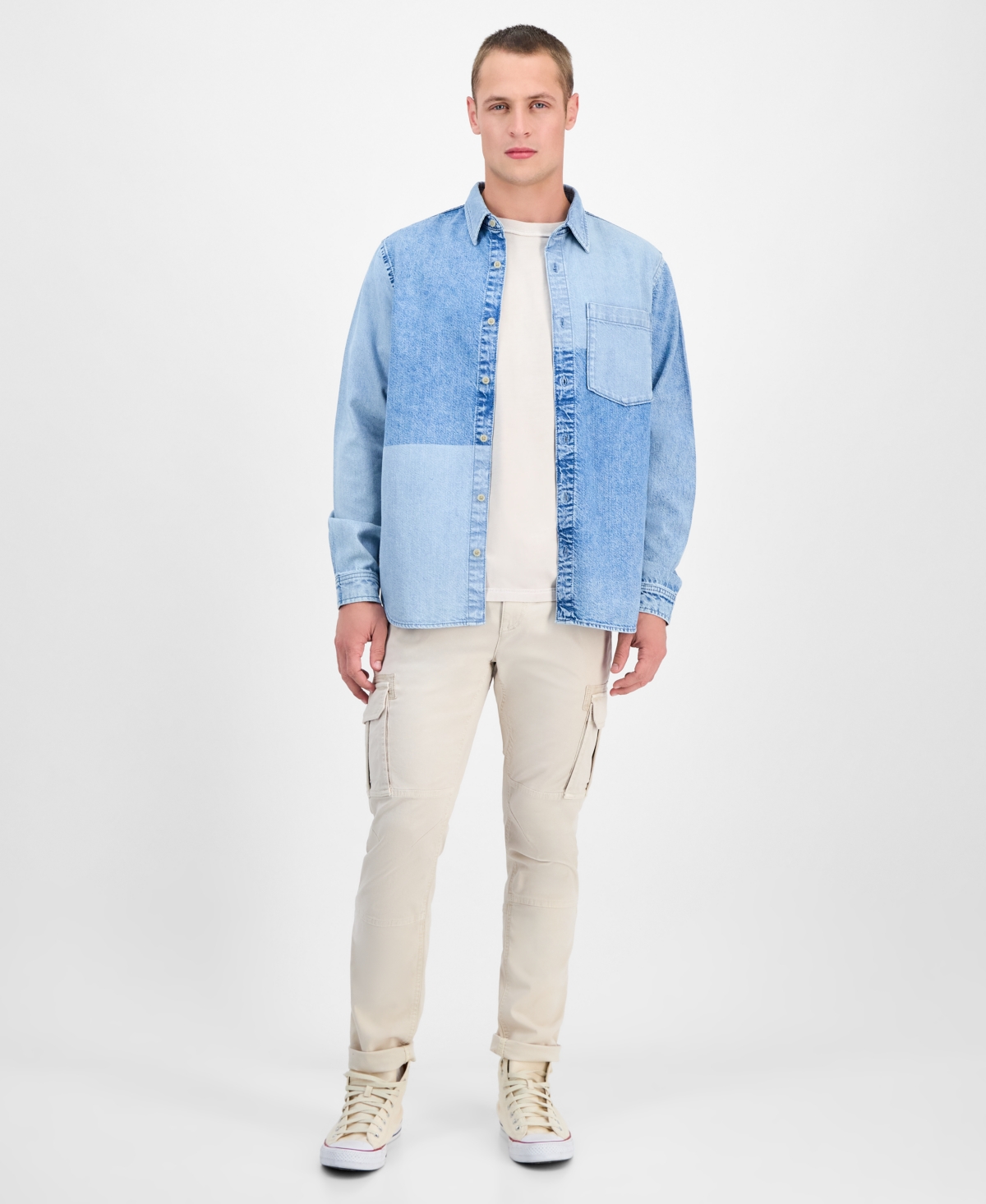 Sun + Stone Men's Voile Long Sleeve Button-front Denim Panel Shirt, Exclusively At Macy's In Blue
