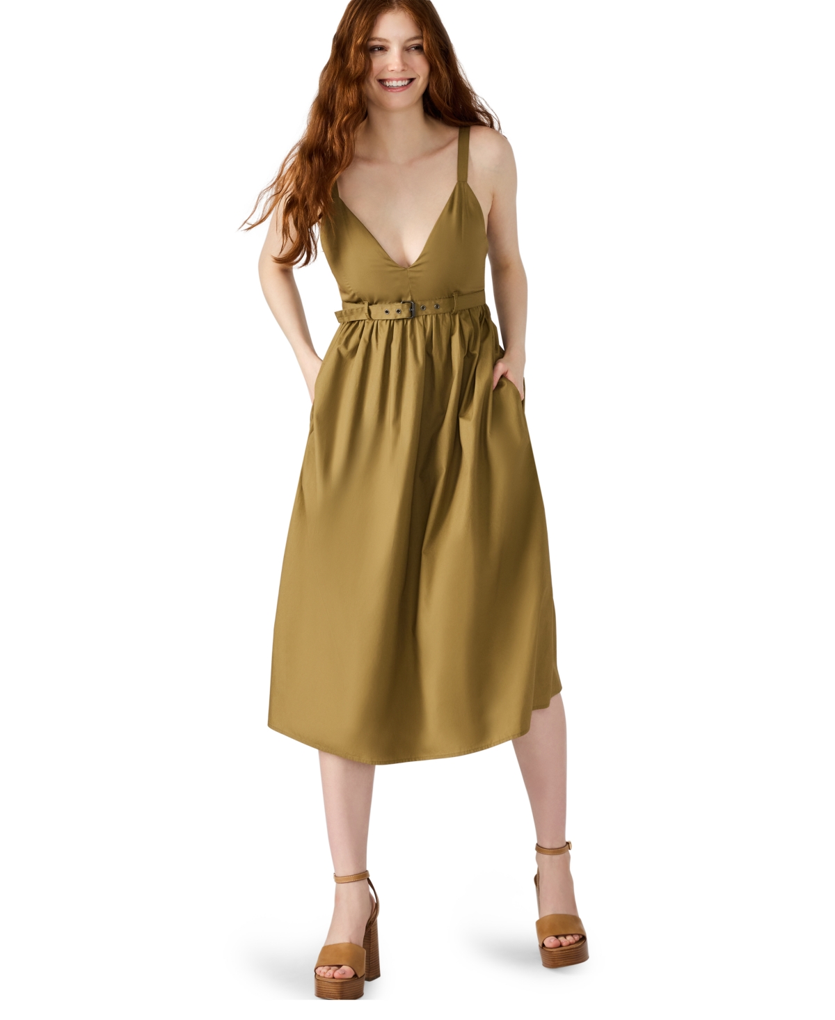 Women's Juno Belted V-Neck Midi Dress - Black