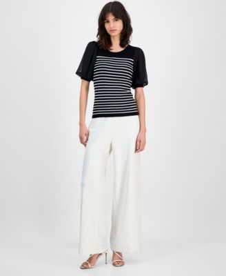 Women's Striped Puffed-Sleeve Ribbed Top