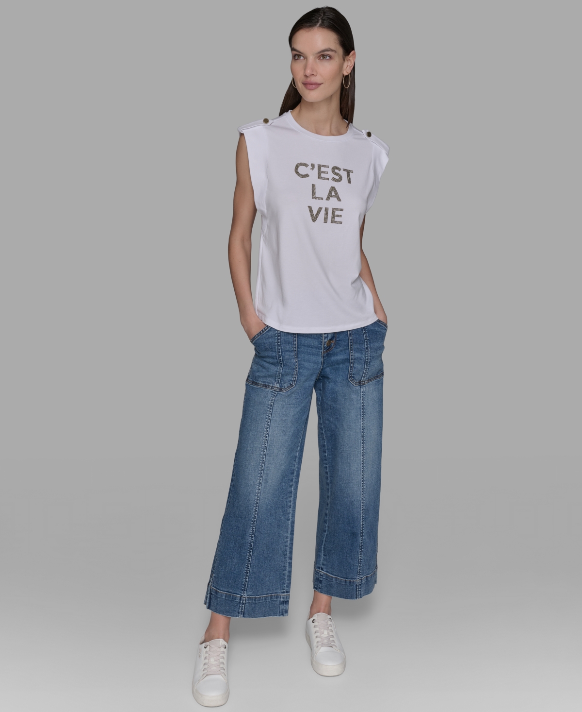 Karl Lagerfeld Plus Size C'est La Vie Extended-shoulder Top In White