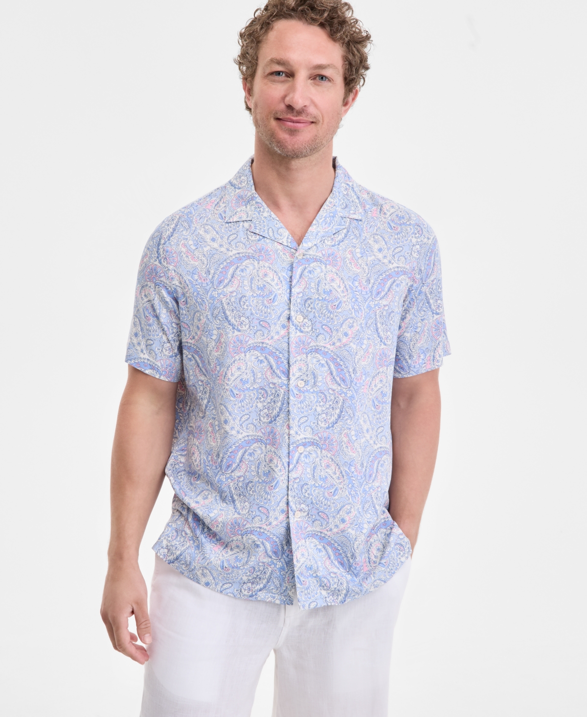 Men's Elevated Rule Regular-Fit Paisley Button-Down Camp Shirt, Exclusively at Macy's - White