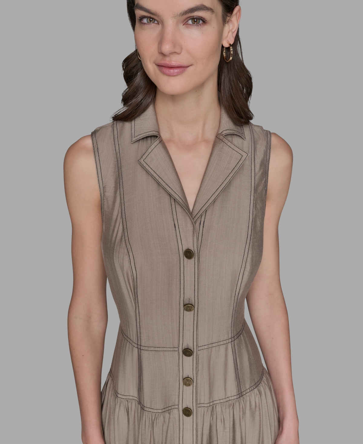 Karl Lagerfeld Petite Notched Collar Sleeveless Midi Shirtdress In Brown