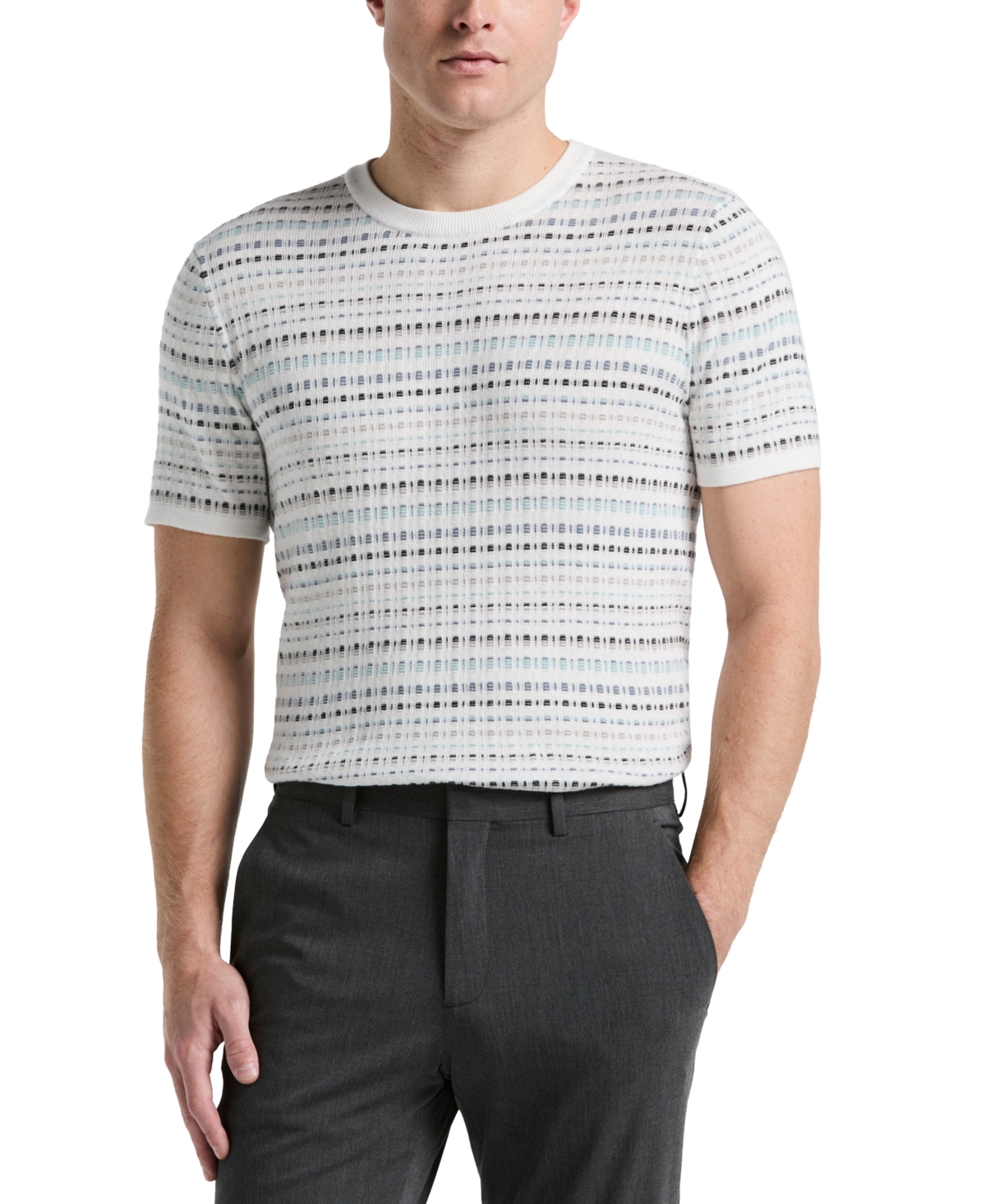 Men's Jacquard Multicolor Short Sleeve Geometric Print Sweater - Bright White