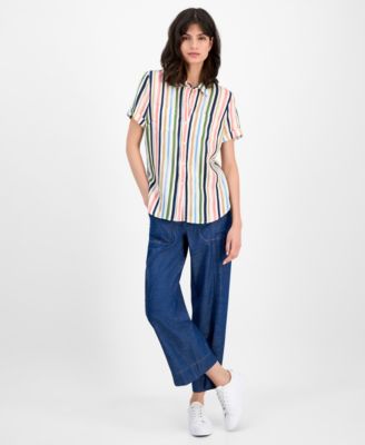 Women's Striped Short-Sleeve Camp Shirt