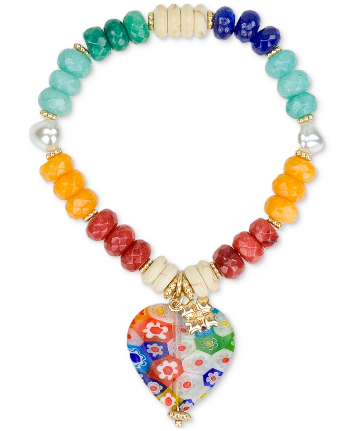 Gold-Tone Heart Charm Beaded Stretch Bracelet - Matte Gold