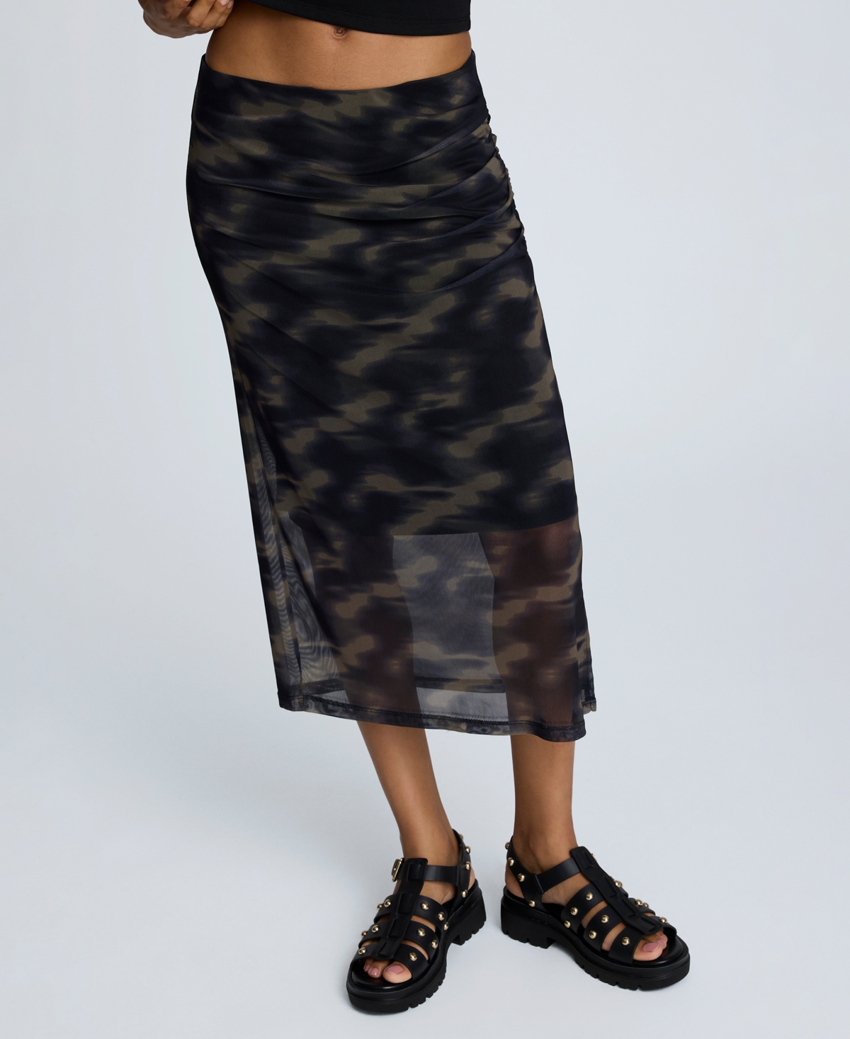 Women's Side-Ruched Pull-On Midi Skirt - Black Multi