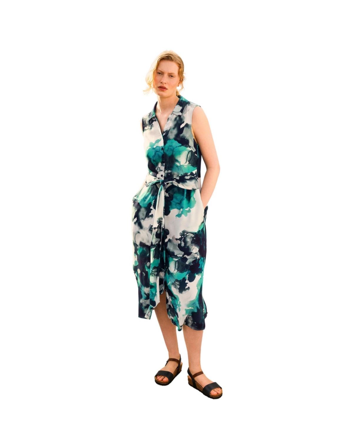 Women's S/L Tie Front Midi Shirt Drs - Watercolour print