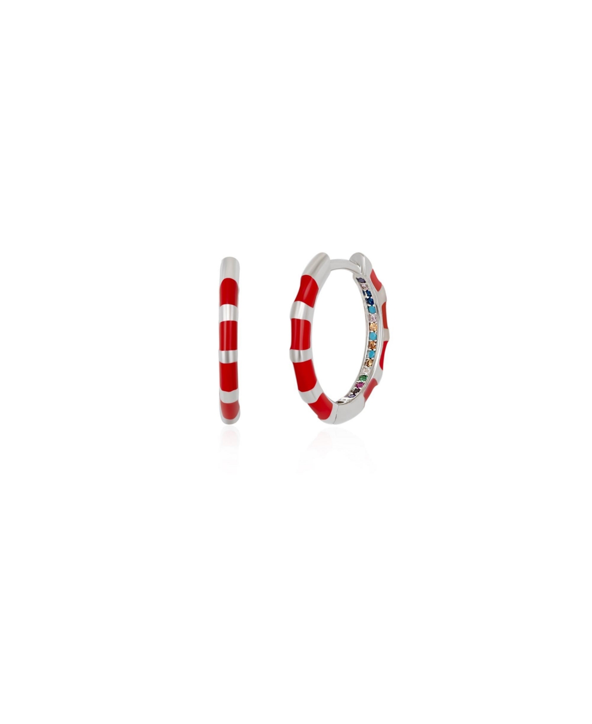 Enamel Red Fine Stripe Sterling Silver Hoop Earrings With Multi Color Zirconia Interior - Silver