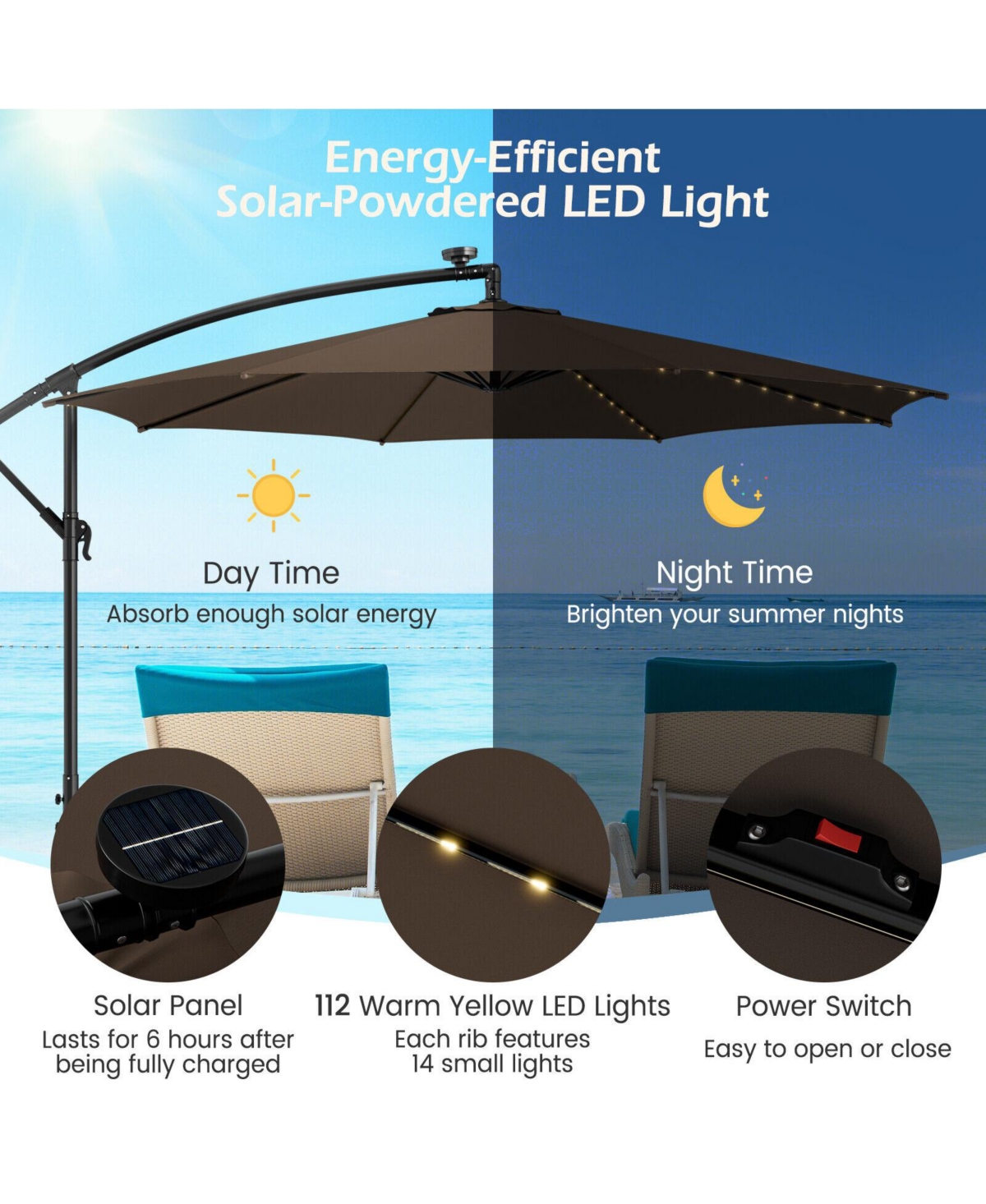 10 Feet Patio Umbrella with 112 Solar-Powered Led Lights