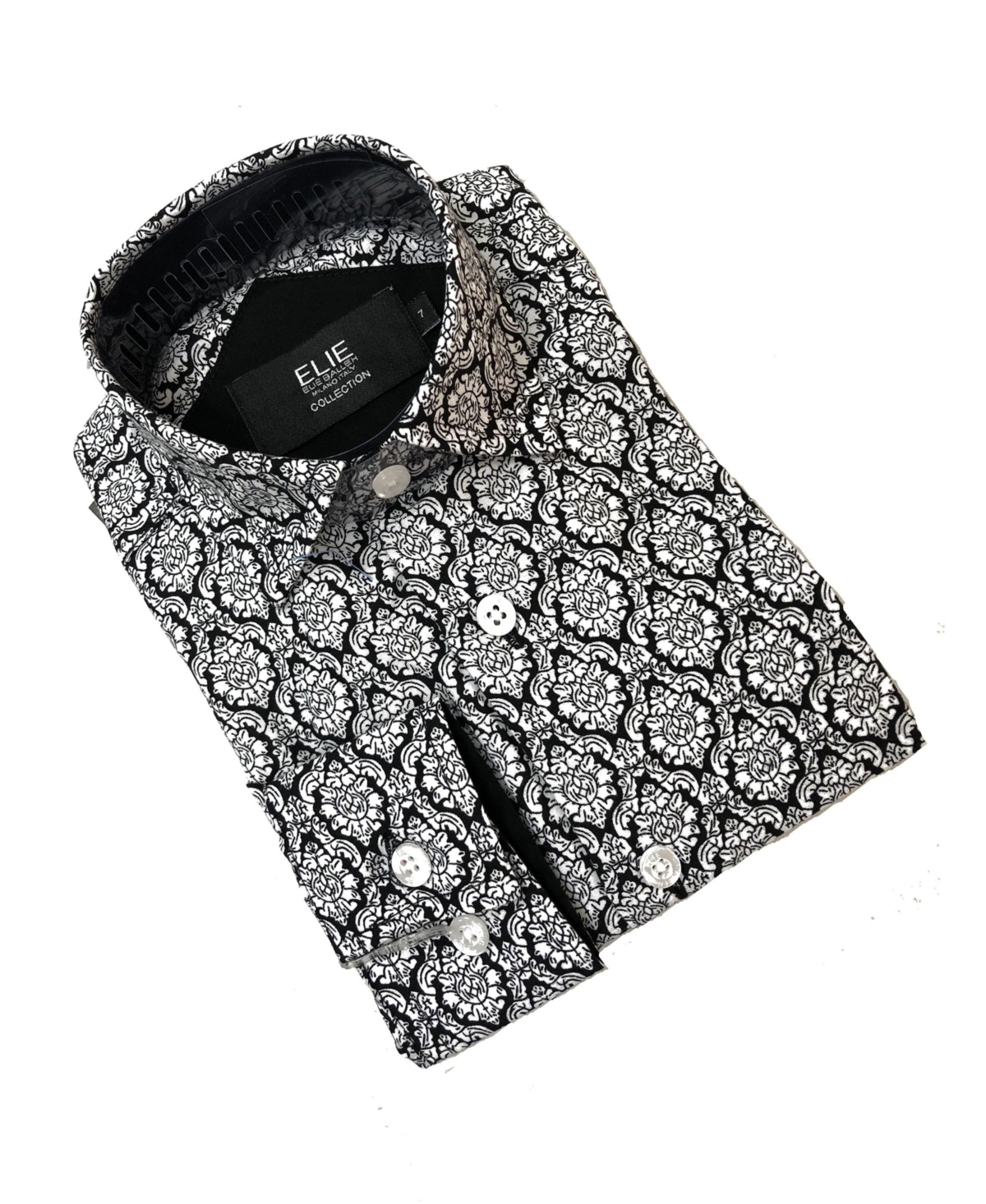 Elie Balleh Big Boys Black Floral Medallion Slim Fit Short Sleeve Shirt