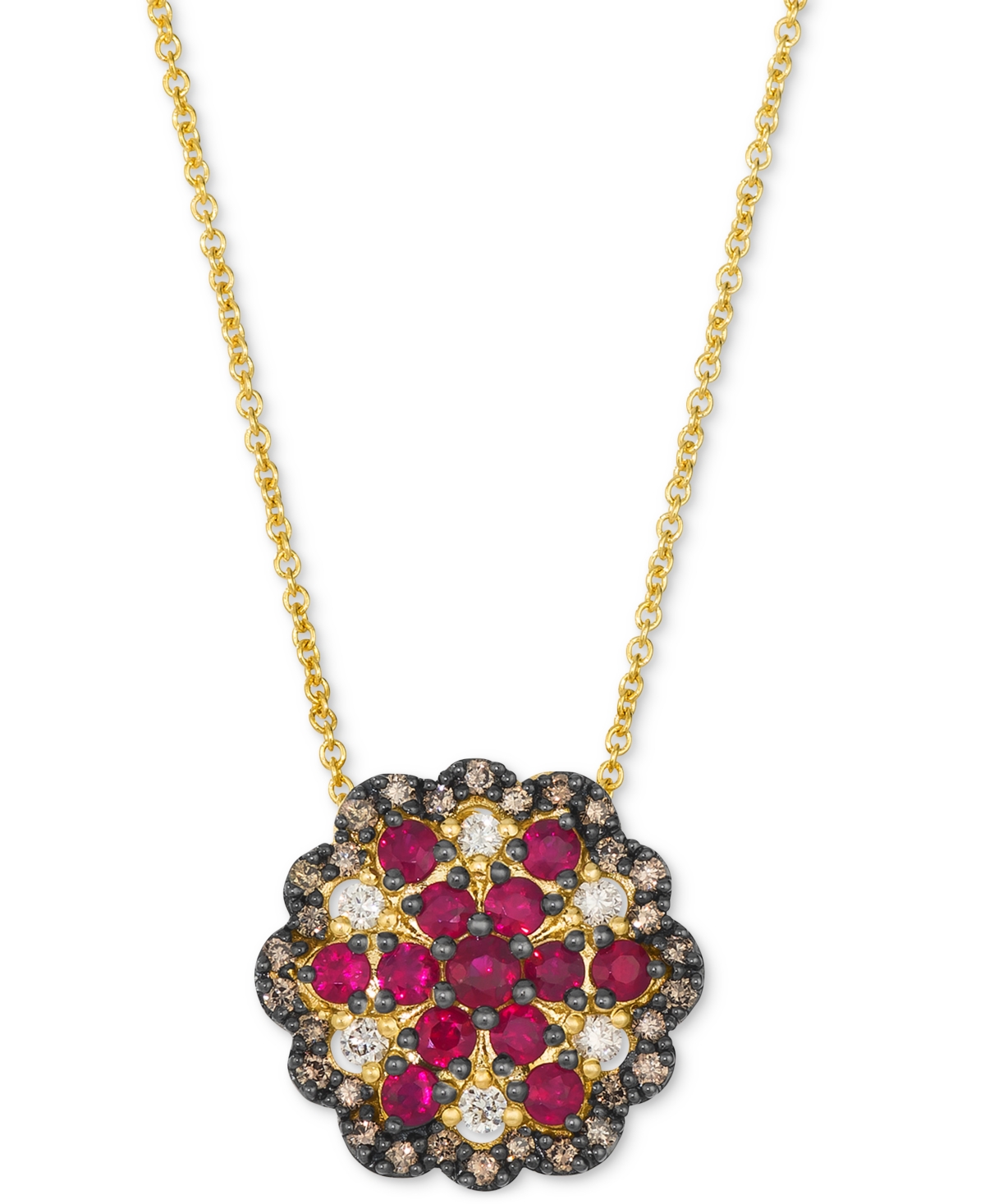 Passion Ruby (1/2 ct. t.w.) & Diamond (1/2 ct. t.w.) Flower Cluster Adjustable 20" Pendant Necklace in 14k Gold - Yellow Gold