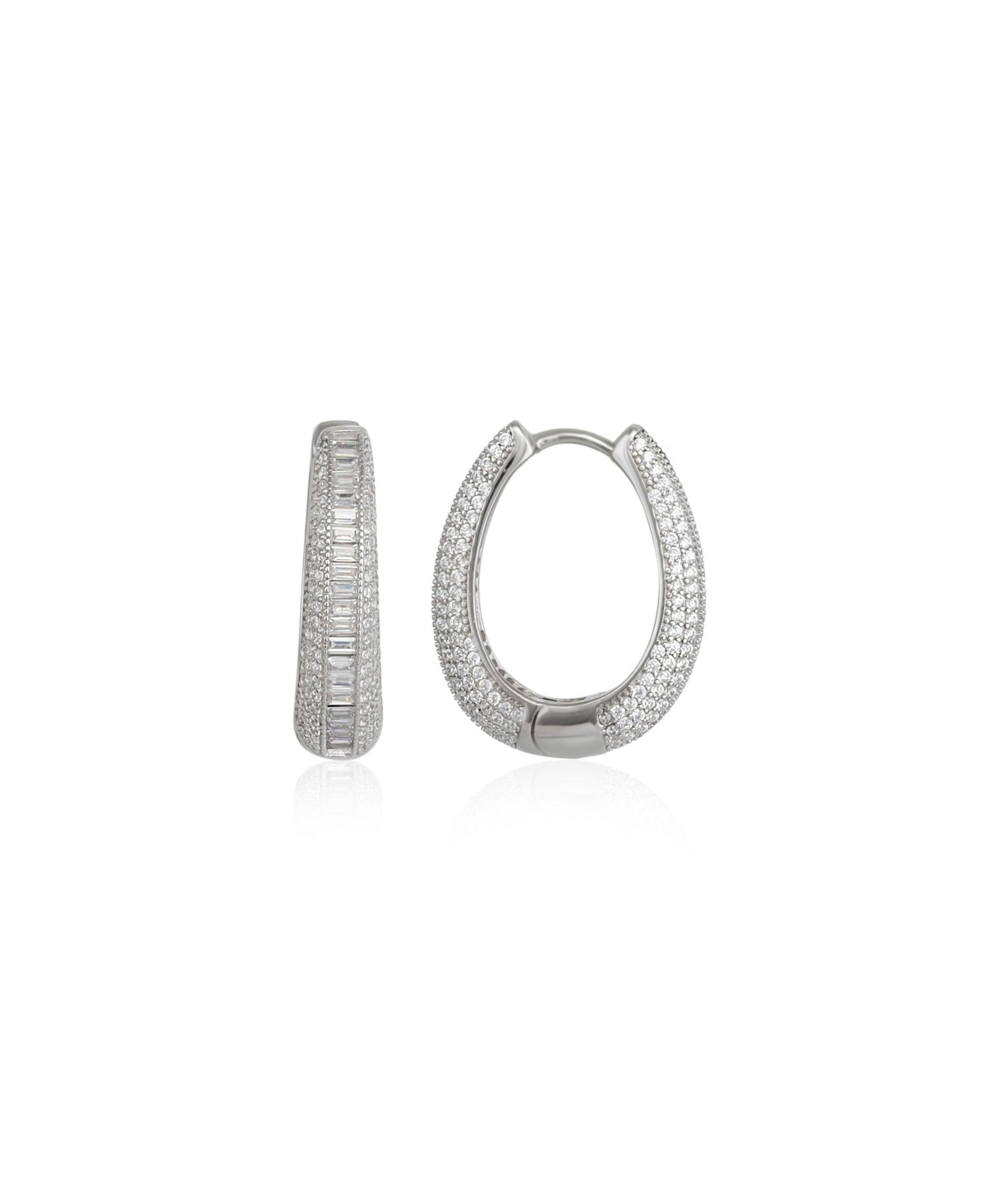 Elliptical Oval Chunky Hoop Sterling Silver Zirconia Earring - Silver