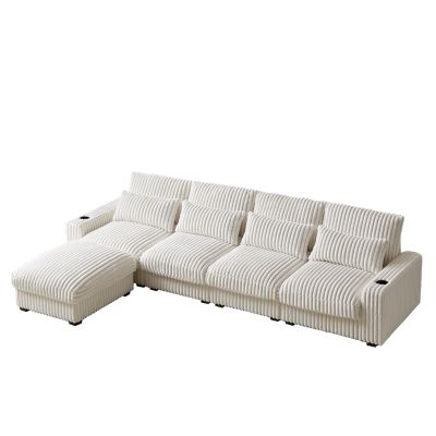 Streamdale 126" Corduroy L-Shaped Sofa w/ Cup Holder, USB, Pillows & Ottoman