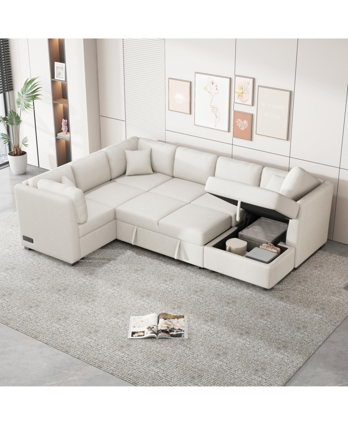 Streamdale Furniture 108" U-Shaped Sectional Sofa Bed with Storage Chaise, Usb Ports & Power Sockets