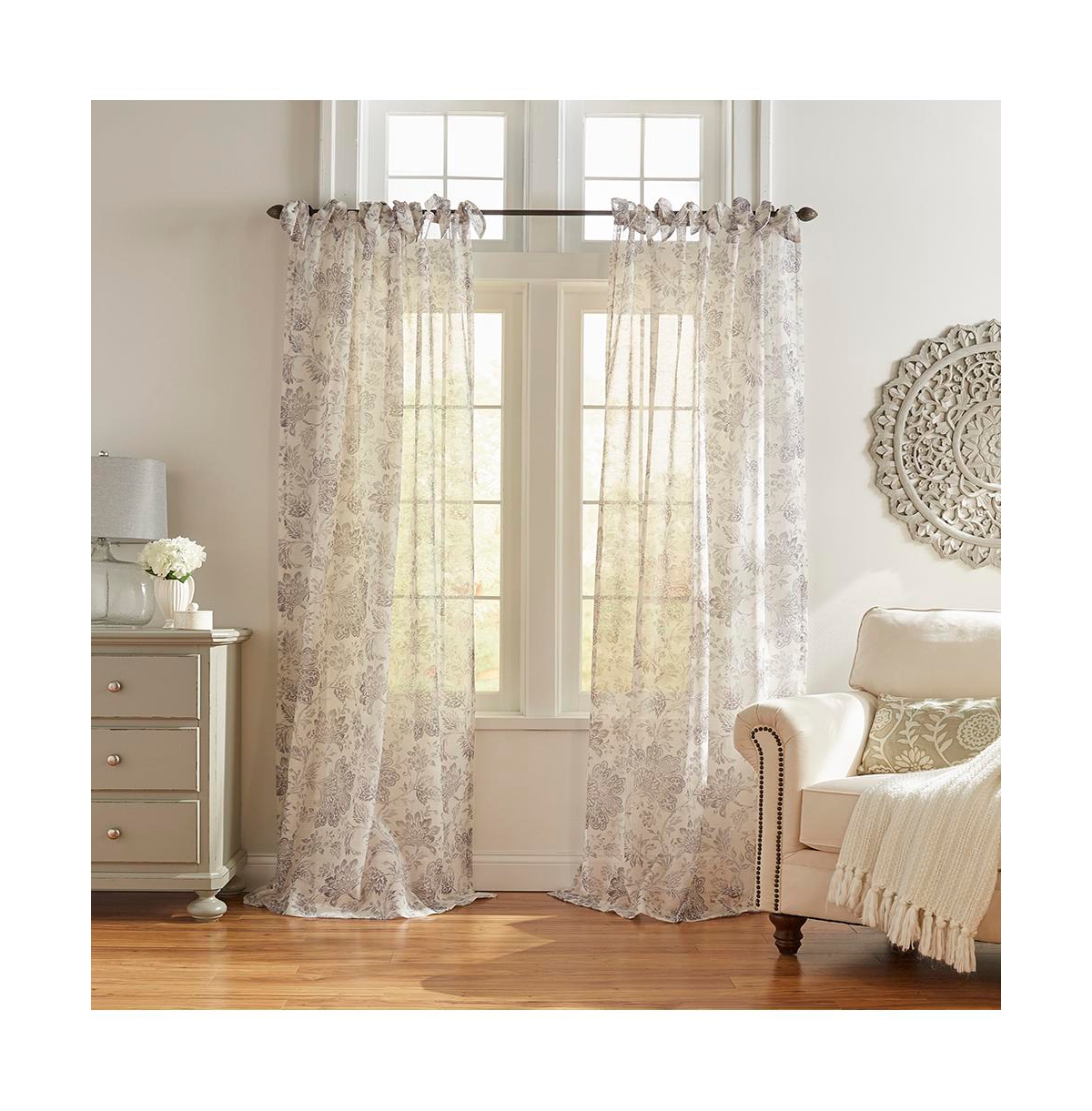 Westport Floral Tie-Top Sheer Window Curtain - Gray