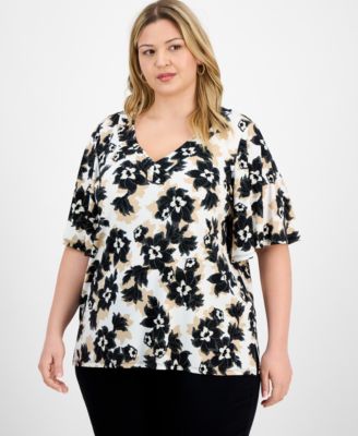 Plus Size Printed Flared-Sleeve V-Neck Top, Exclusively at Macy's