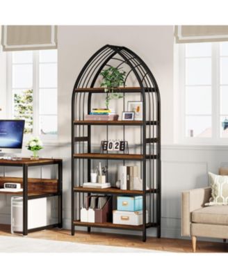 Tall Bookshelf, Industrial Curved Freestanding Display Shelf, Wood Storage Shelves with Metal Frame for Living Room