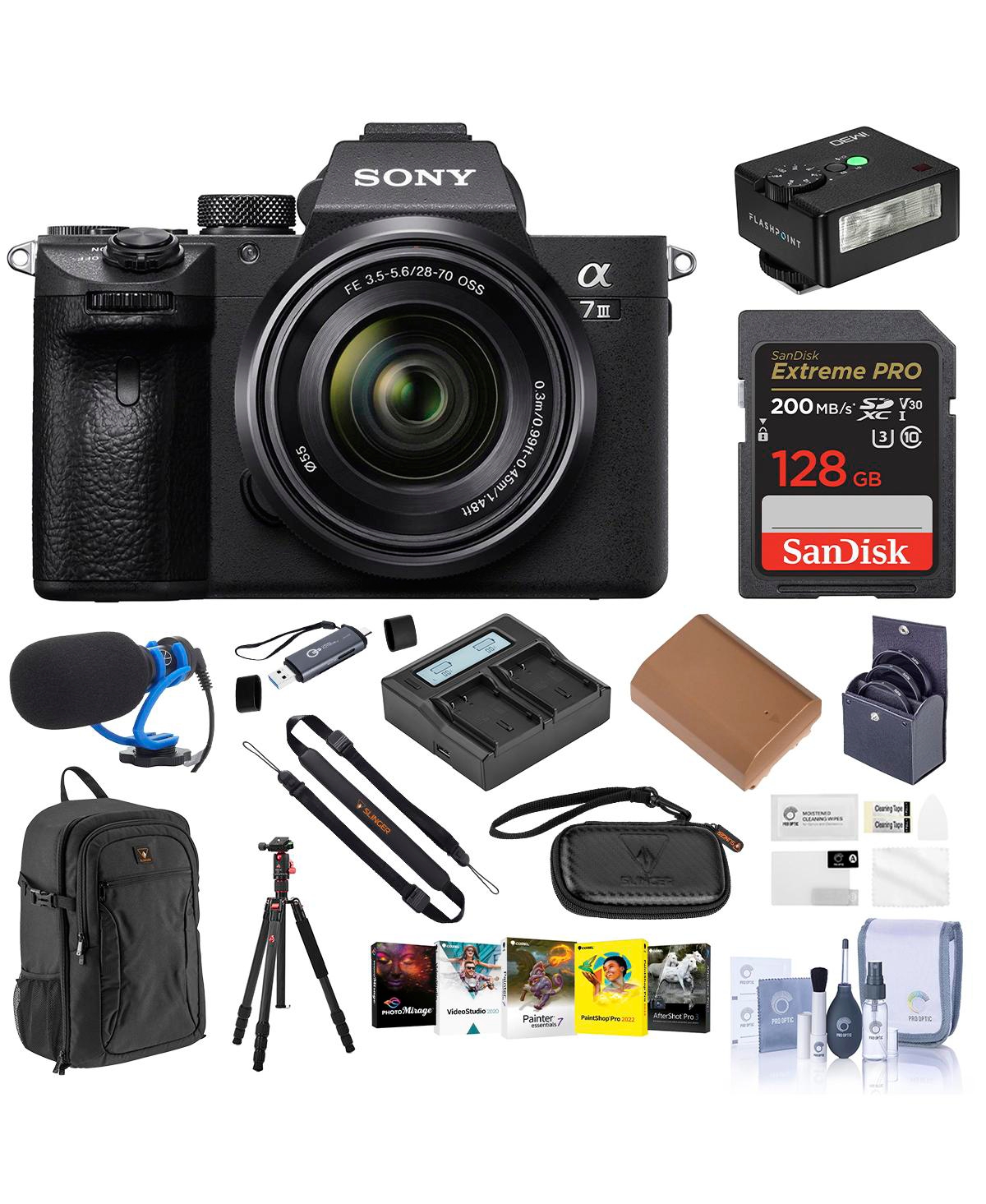 Sony Alpha a7 Iii Mirrorless Camera with Fe 28-70mm f/3.5-5.6 Oss Lens, Black, Bundle with 128GB Memory Card, Backpack, Tripod/Monopod, Extra Battery,