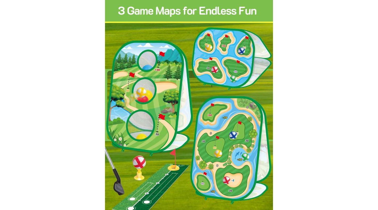 Детские игрушки TITQWOP 4-in-1 Sticky Golf Games Set with Putting Mat, Chipping Net & Cornhole Board, Ages 4+ — фото 6
