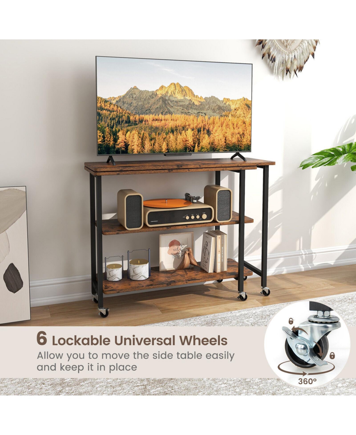 360° Rotating Sofa Side Table with 2-Tier Storage Shelves