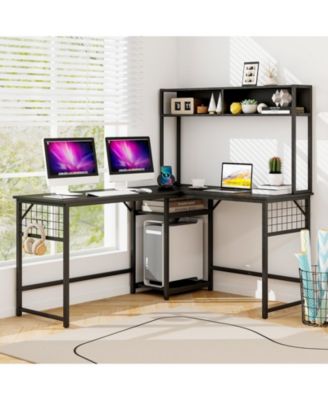 L-shaped Desk with Power Outlet Hutch