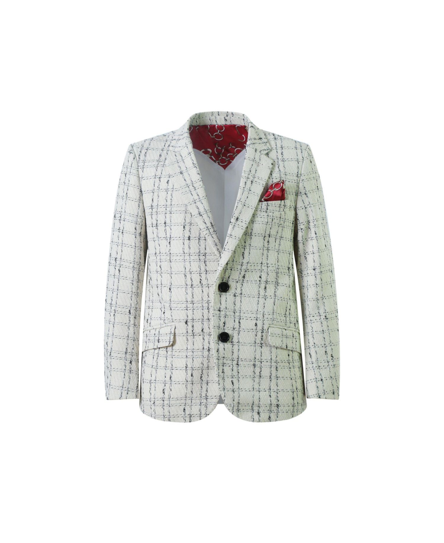 Boys White Plaid Boucle Slim Fit Jacket