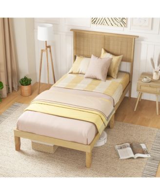 Twin Size Bed Frame w/ Rattan Headboard 10 Solid Wood Legs & 12 Wooden Slats