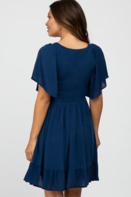 Maternity Navy Blue Smocked Front Ruffle Hem Dress