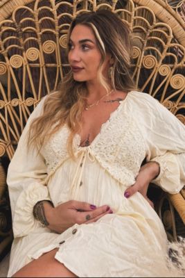 Maternity Beige Crochet Lace Button Front Dress