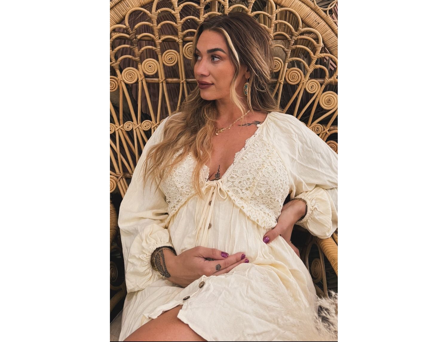 Women's Beige Crochet Lace Button Front Dress