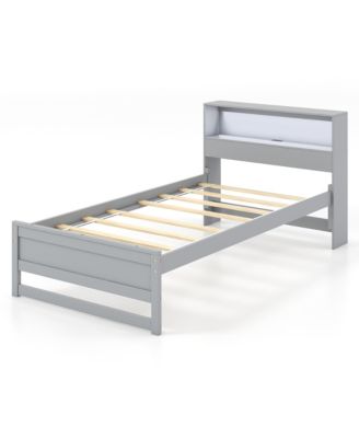 Twin Size Wooden Bed Frame w/ Charging Station & LED Light Storage Headboard