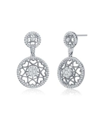 Sterling Silver White Gold Plating with Clear Cubic Zirconia Round Heart Design Earrings