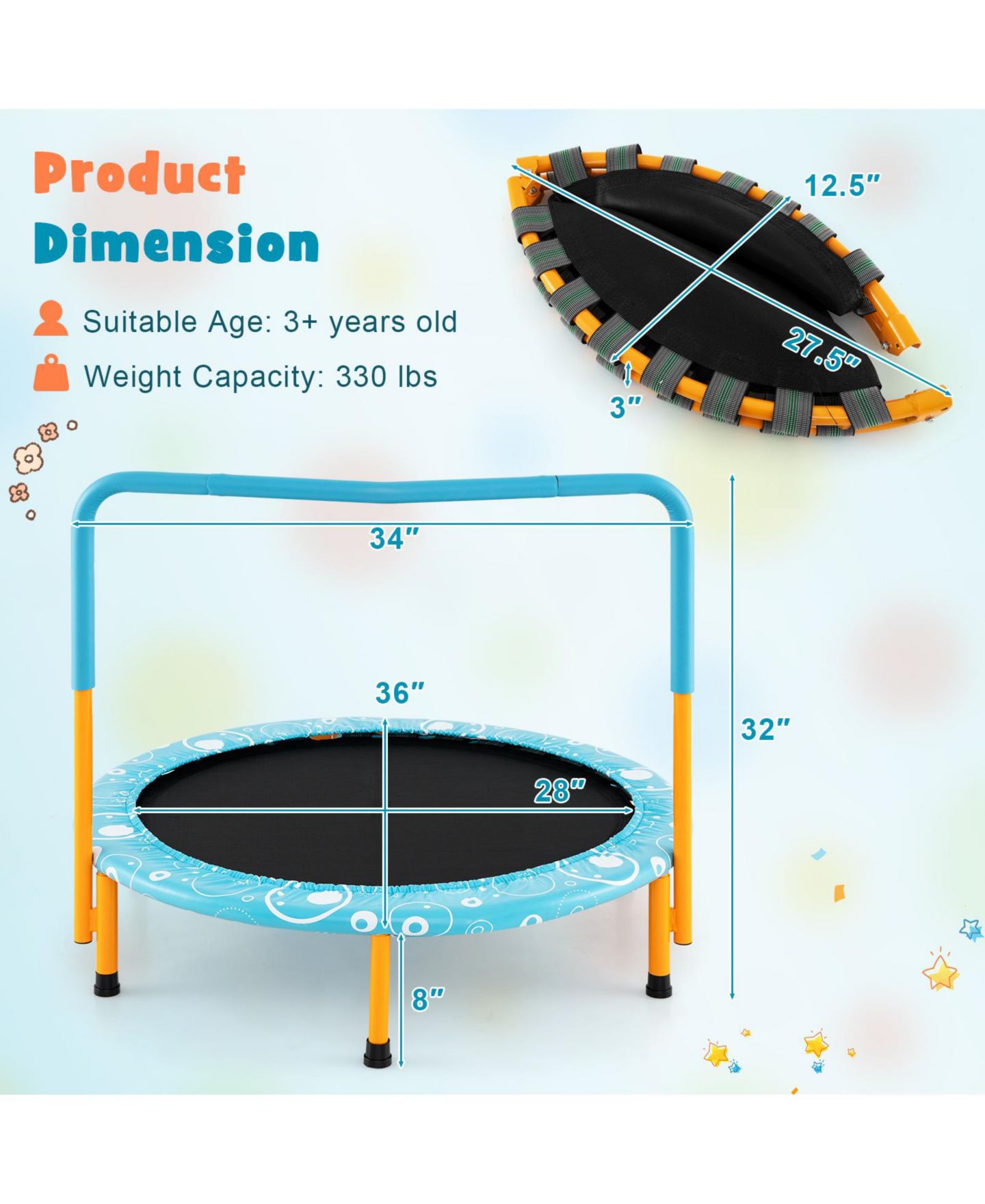 Детская игрушка GOUUN Mini Rebounder 36" Foldable Covered-Handrail Trampoline, 330 lbs Capacity, Ages 3+, цвет: Синий — фото 3