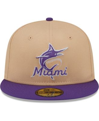 Мужская приталенная шляпа New Era персикового/фиолетового цвета Miami Marlins 2003 World Series с нашивкой сбоку на 59 футов.