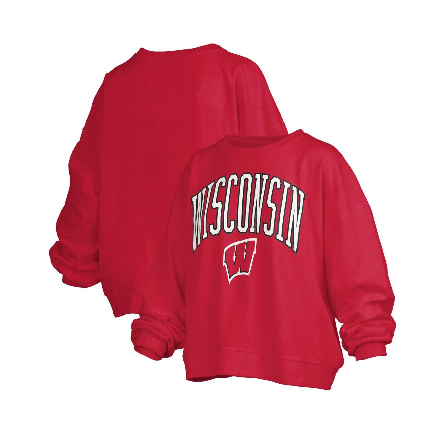 Women's Red Wisconsin Badgers Janise Arch Over Logo Waist Length Oversized Pullover Sweatshirt