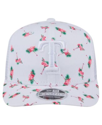 Мужская белая кепка с сеткой Texas Rangers Flamingo с сетчатой спинкой New Era 9SEVENTY с эластичной застежкой