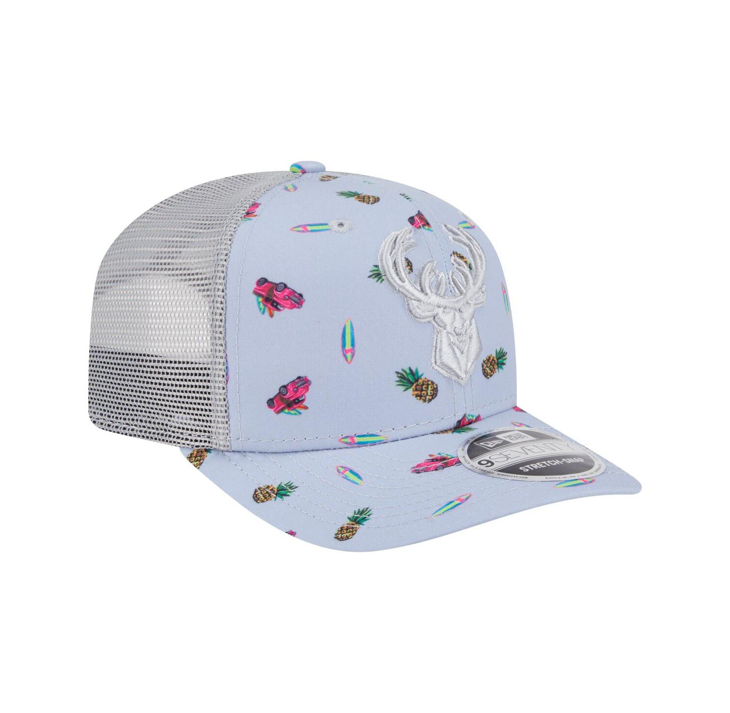 Men's Light Blue/Gray Milwaukee Bucks Adventure Aloha Pattern 9SEVENTY Stretch-Snap Hat