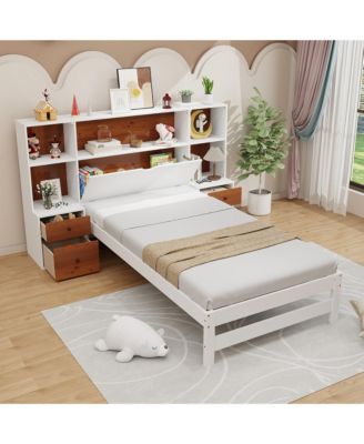 Twin Bed Frame w/ Storage Headboard & Nightstands 7 Compartments 3 Drawers