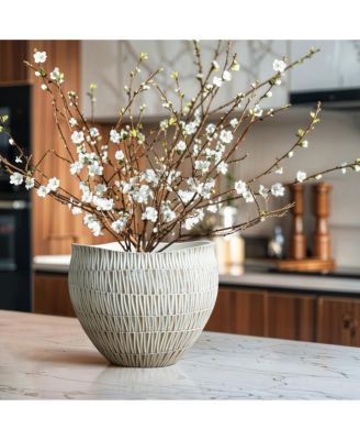 White with Gold V-Pattern Polyresin 12-Inch Round Planter