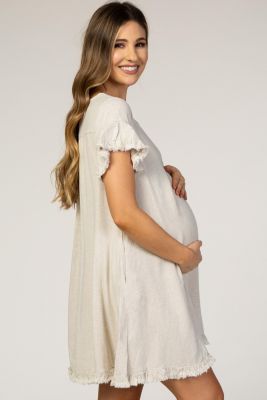 Maternity Beige Fringe Linen Dress