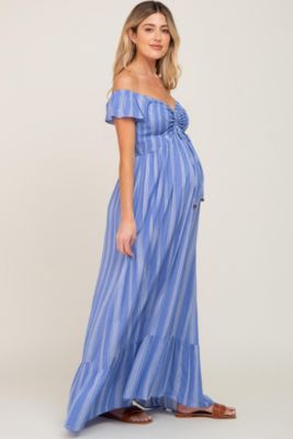 Макси-платье Pinkblush для беременных в синюю полоску с открытыми плечами и завязками спереди