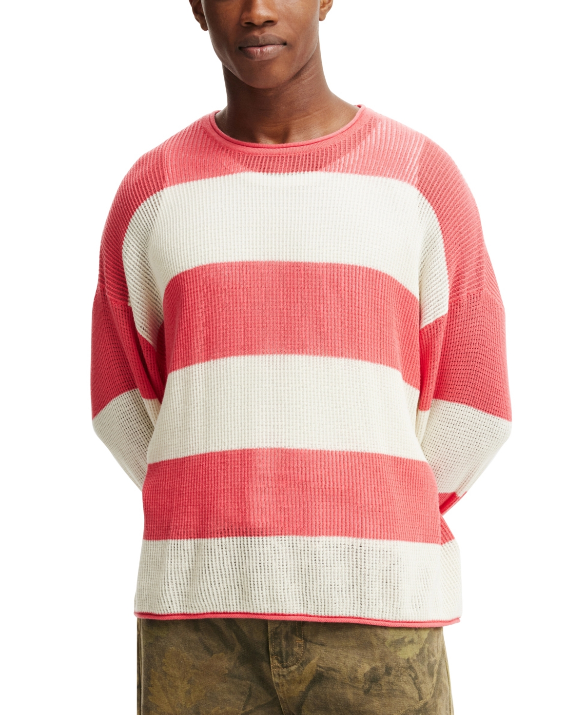 Men's Relaxed Summer Knit Sweater - Coral stripe